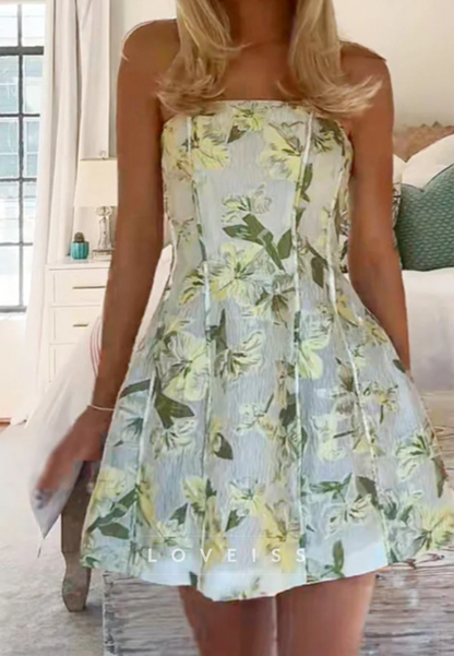 Strapless Floral Print Mini Dress with Pleated Bodice