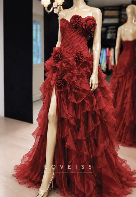 Strapless Ruffle A-Line Gown with High Slit