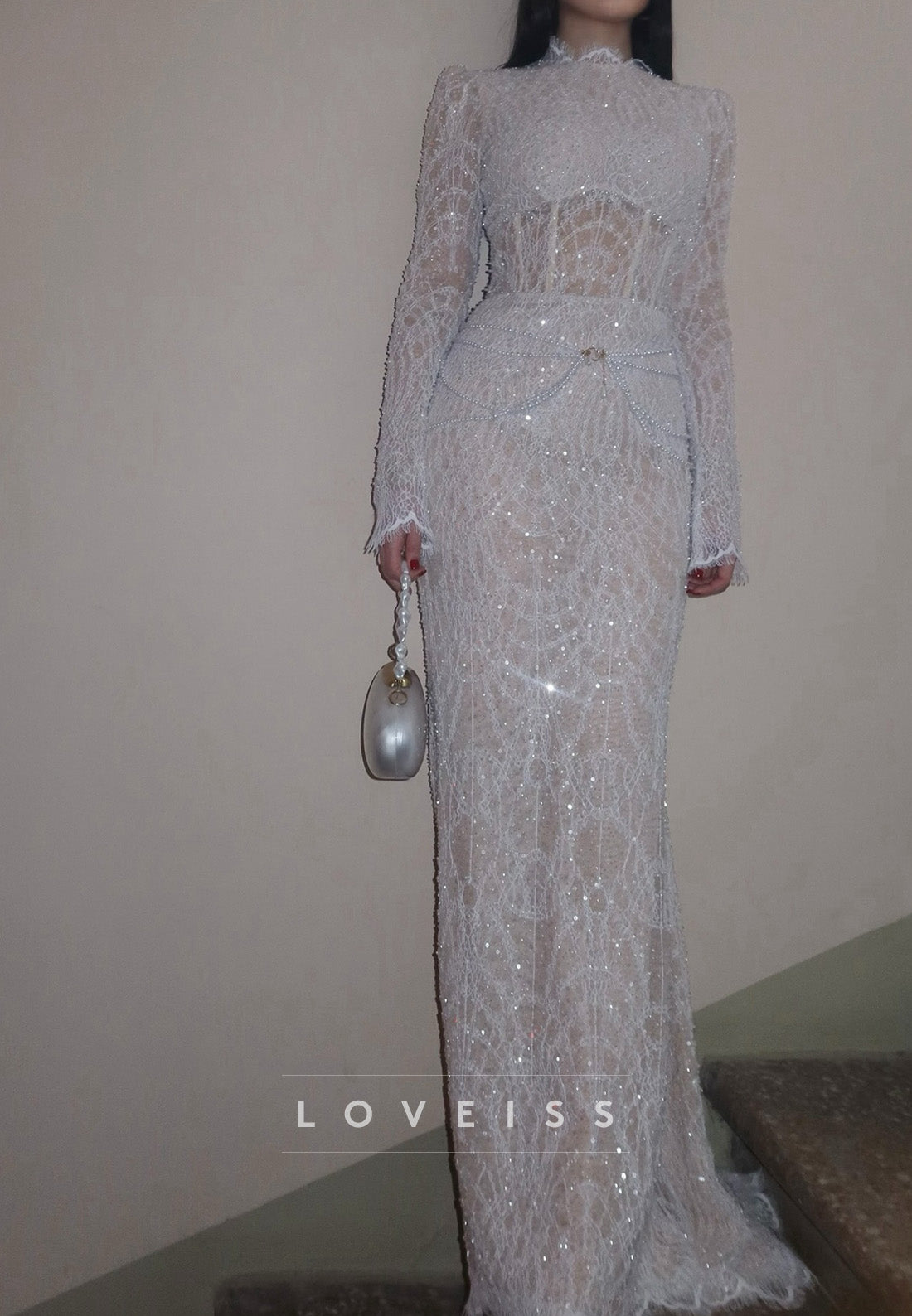 Sequin Lace High Neck Gown with Corset Bodice