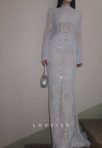 Sequin Lace High Neck Gown with Corset Bodice