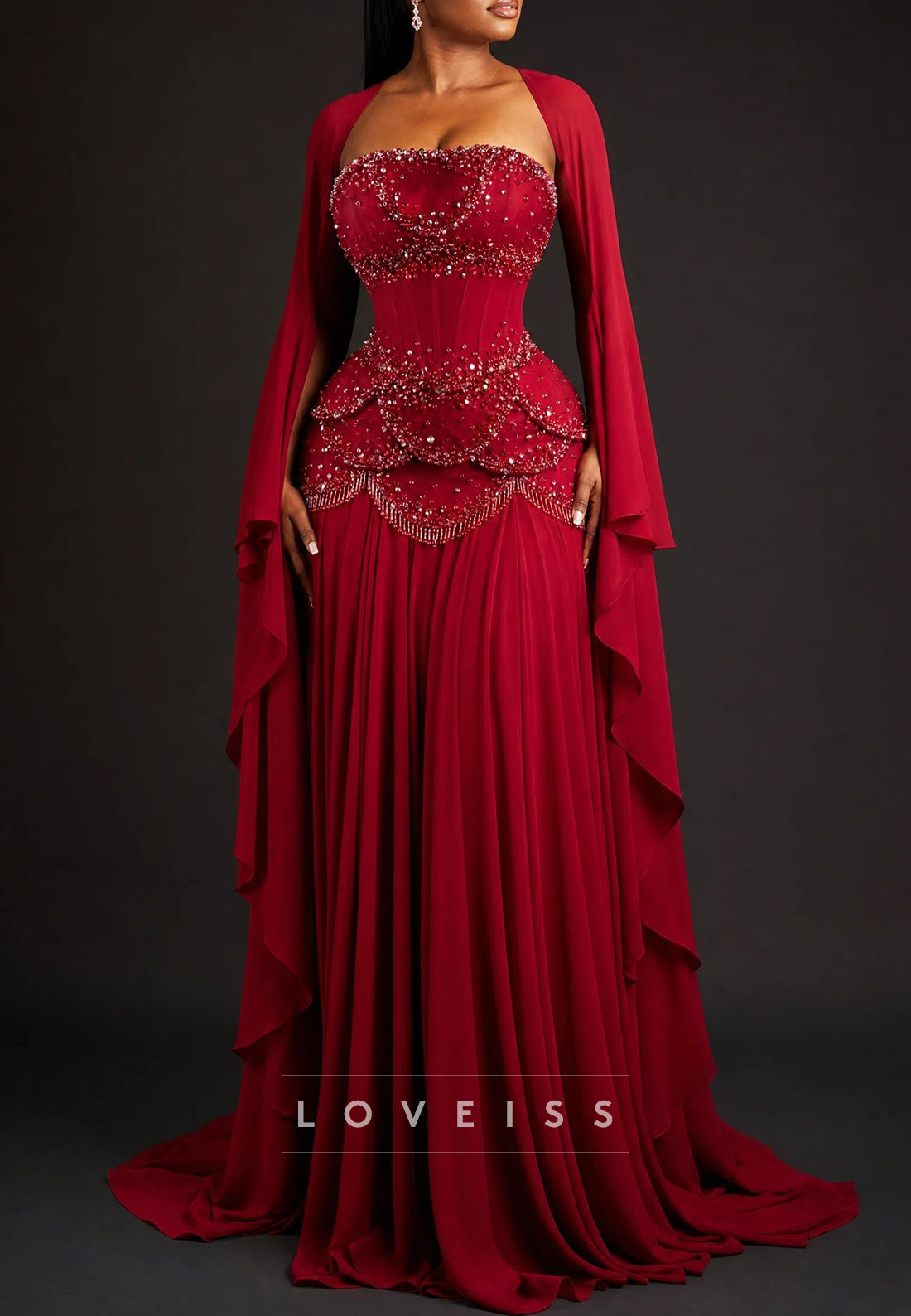 Beaded Corset Evening Gown with Bell Cape Sleeves