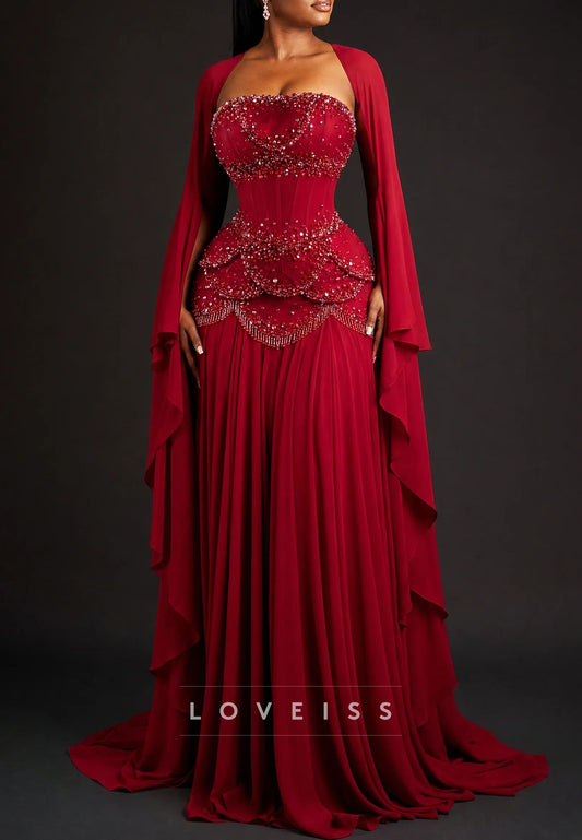 Beaded Corset Evening Gown with Bell Cape Sleeves