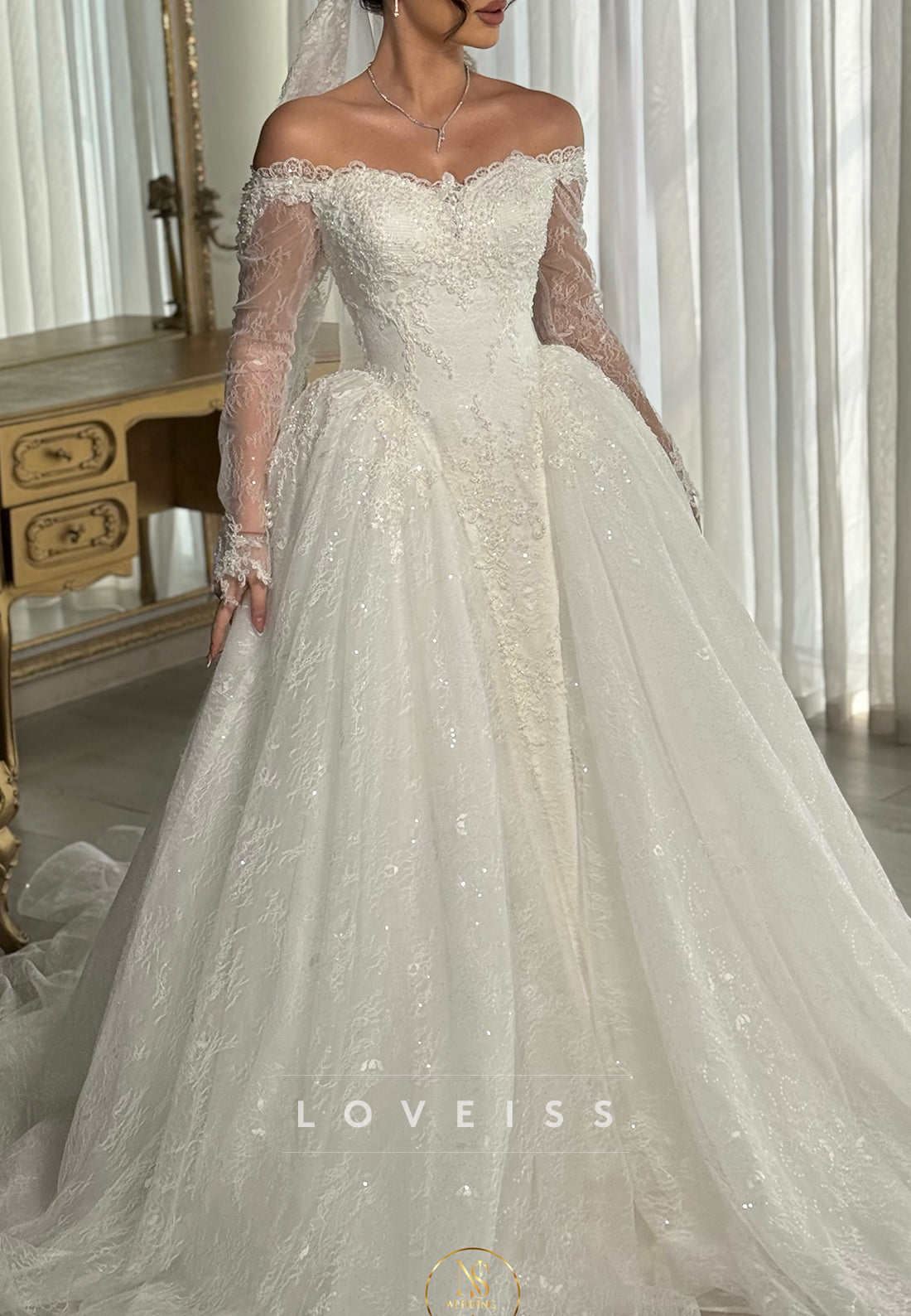 Off-the-Shoulder Lace Wedding Dress with Overskirt