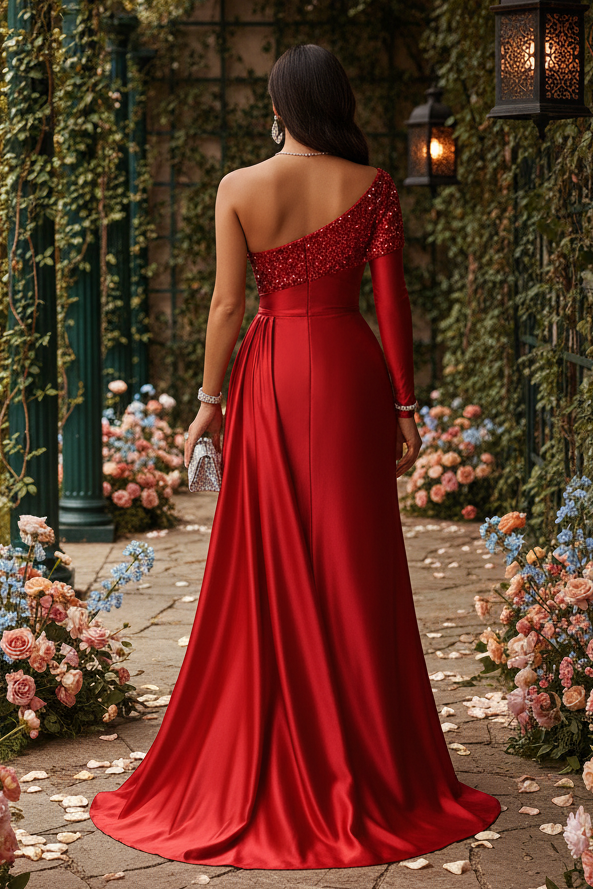 One-Shoulder Sequin Satin Mermaid Gown