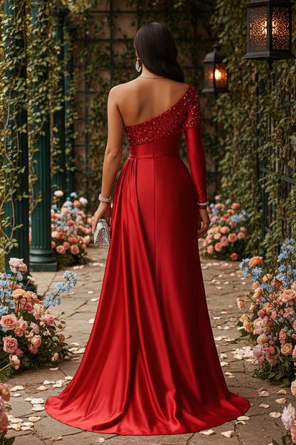 One-Shoulder Sequin Satin Mermaid Gown