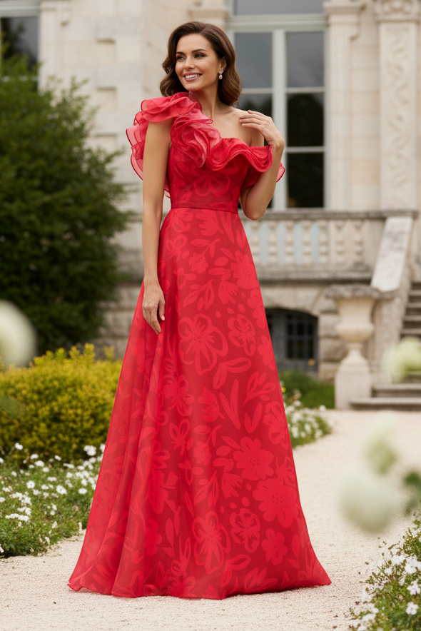 One-Shoulder Ruffle Floral Organza A-Line Gown