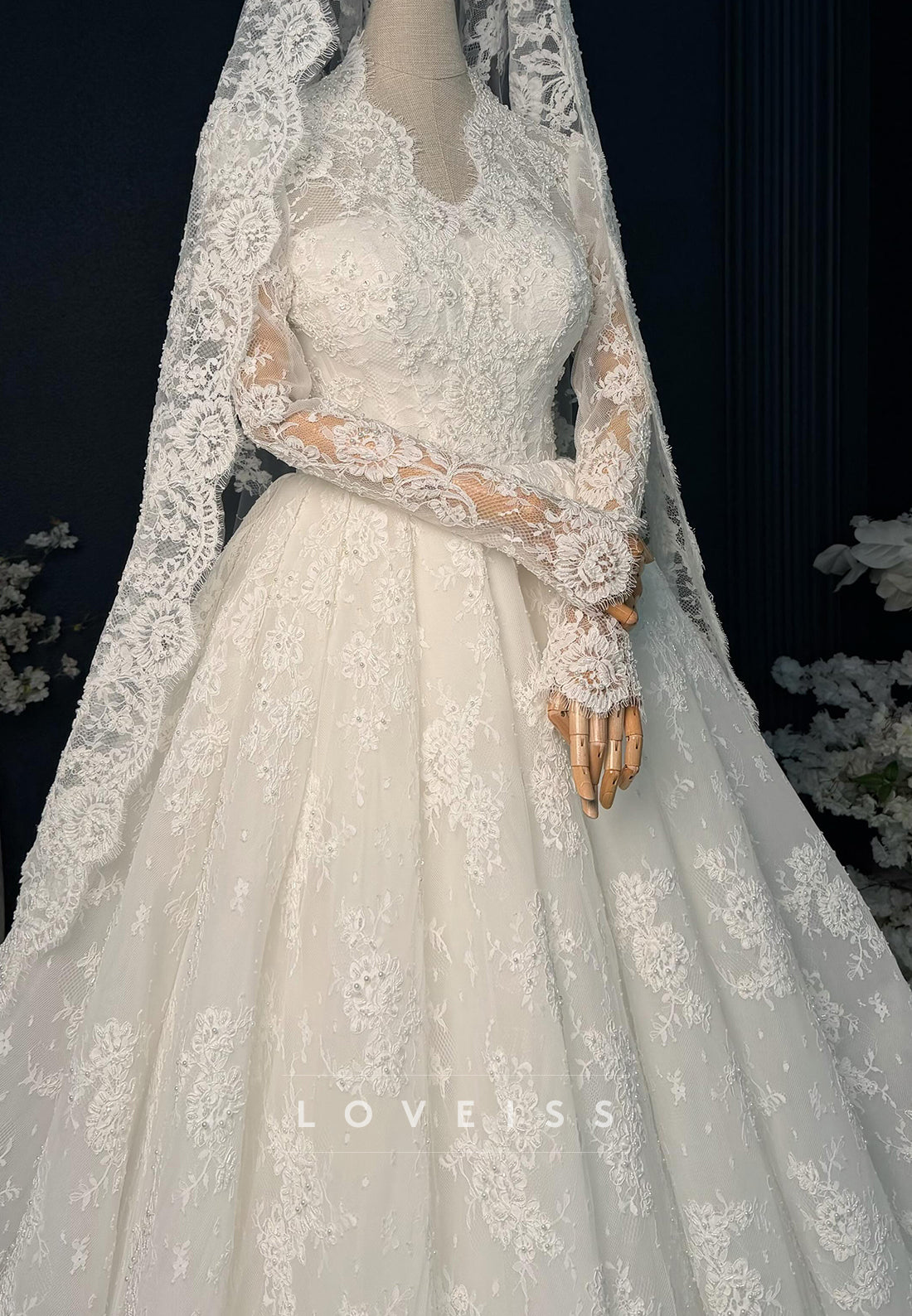 Long Sleeve Lace Ball Gown Wedding Dress with Veil