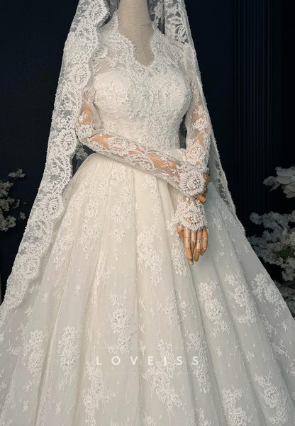 Long Sleeve Lace Ball Gown Wedding Dress with Veil