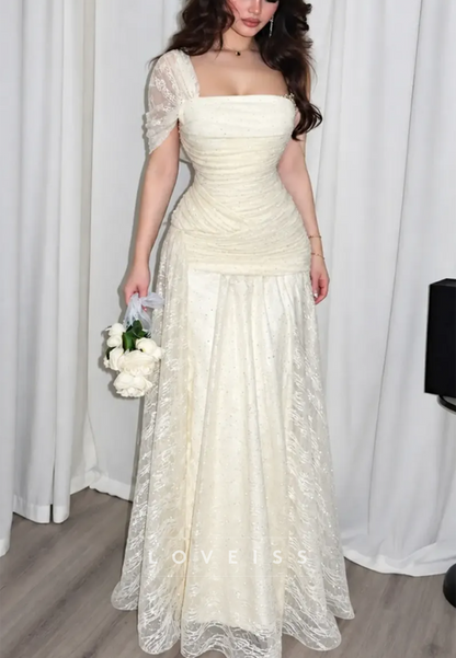 Ruched Drop-Waist Asymmetrical Lace Evening Gown