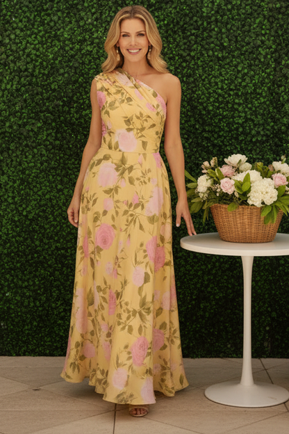 One-Shoulder Floral Print A-Line Gown with Pockets