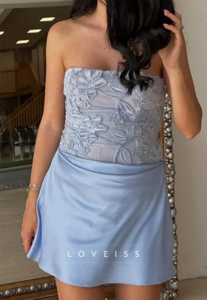 Strapless Floral Embroidered Satin Mini Dress