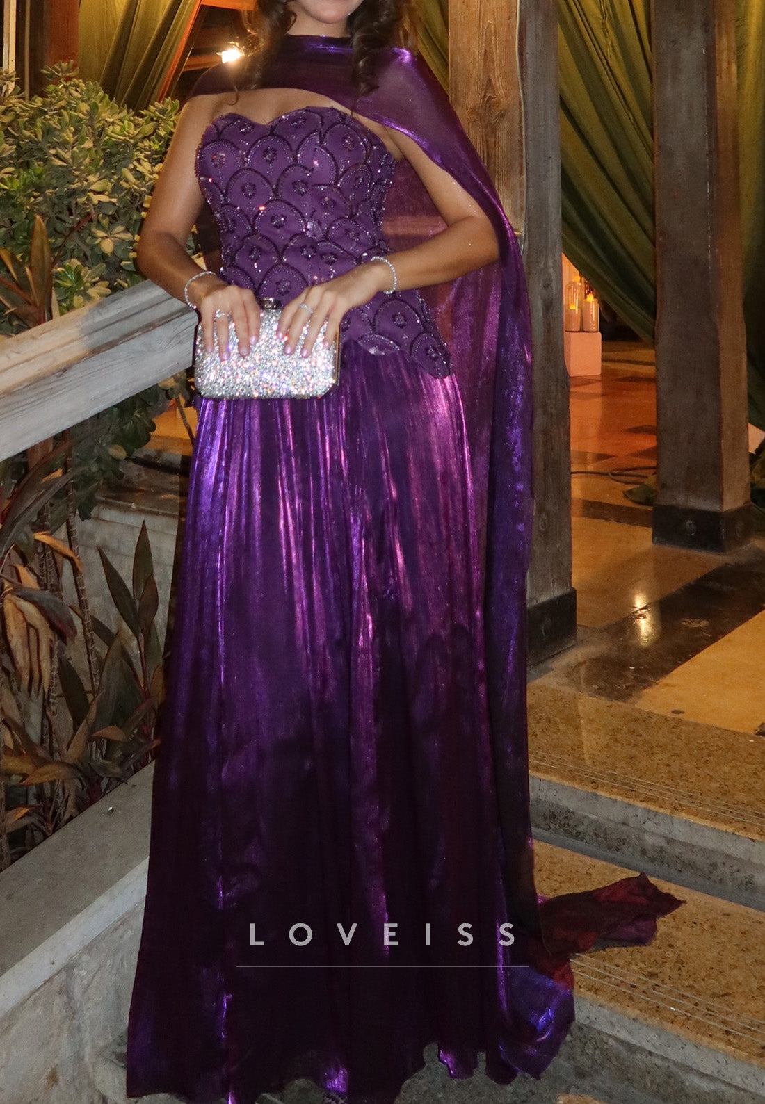 Embellished Bodice Cape Evening Gown