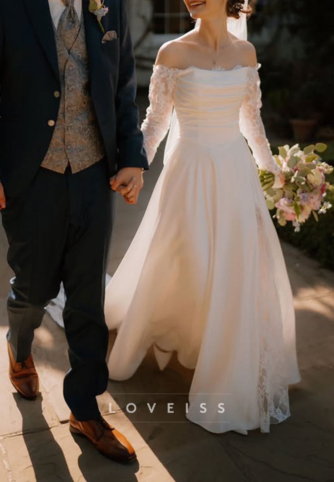 Off-the-Shoulder Lace Sleeve A-Line Wedding Dress