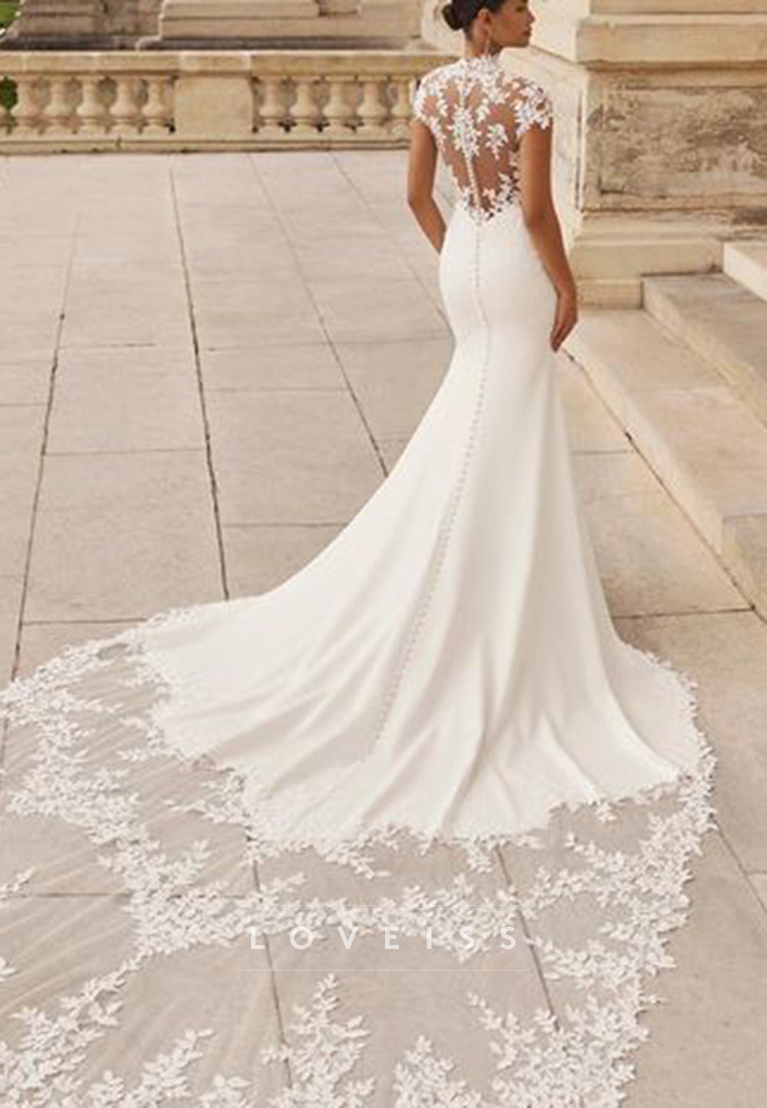 High Neck Lace Cap Sleeve Mermaid Wedding Dress