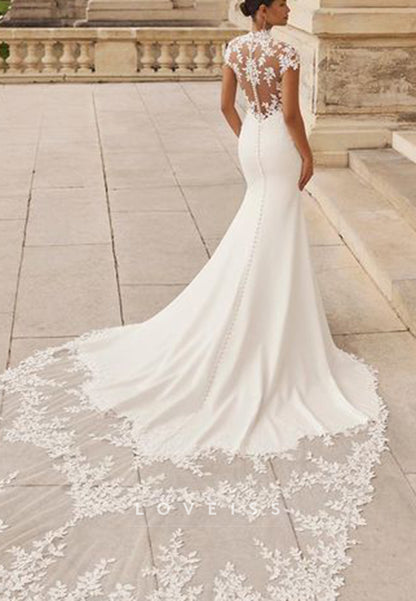 High Neck Lace Cap Sleeve Mermaid Wedding Dress