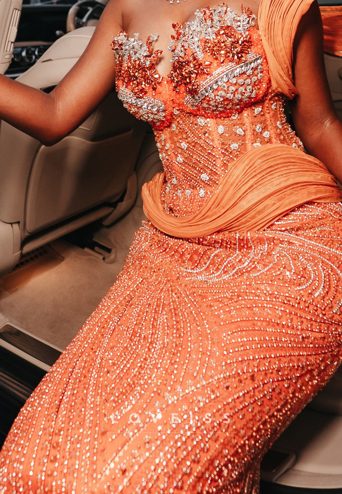 Beaded Corset Evening Gown with Sculpted Shoulder