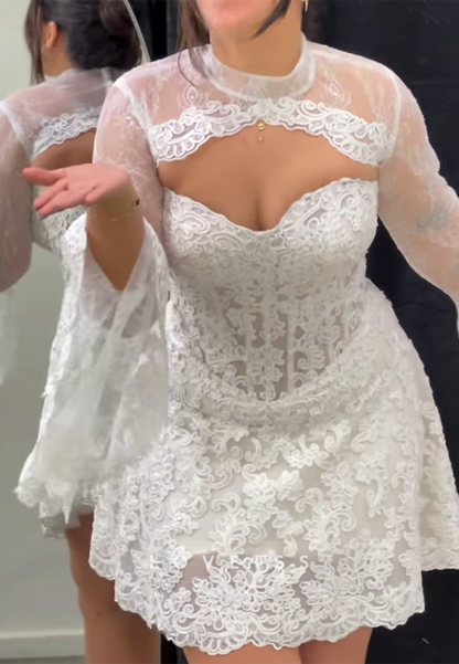 Lace Mini Dress with Bell Sleeves and Keyhole