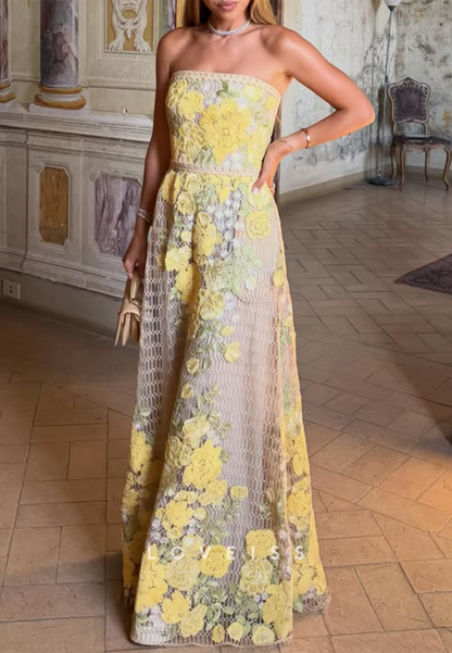 Strapless Floral Lace A-Line Evening Gown