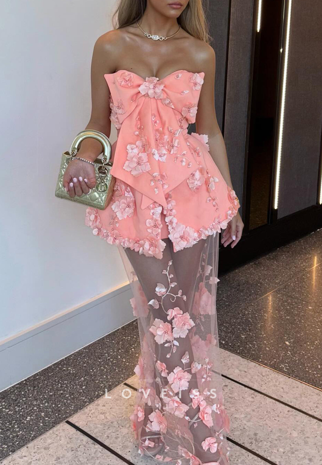 Strapless 3D Floral Maxi Dress with Bow