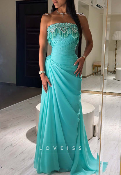 Strapless Ruched Gown with Beaded Fringe Bodice