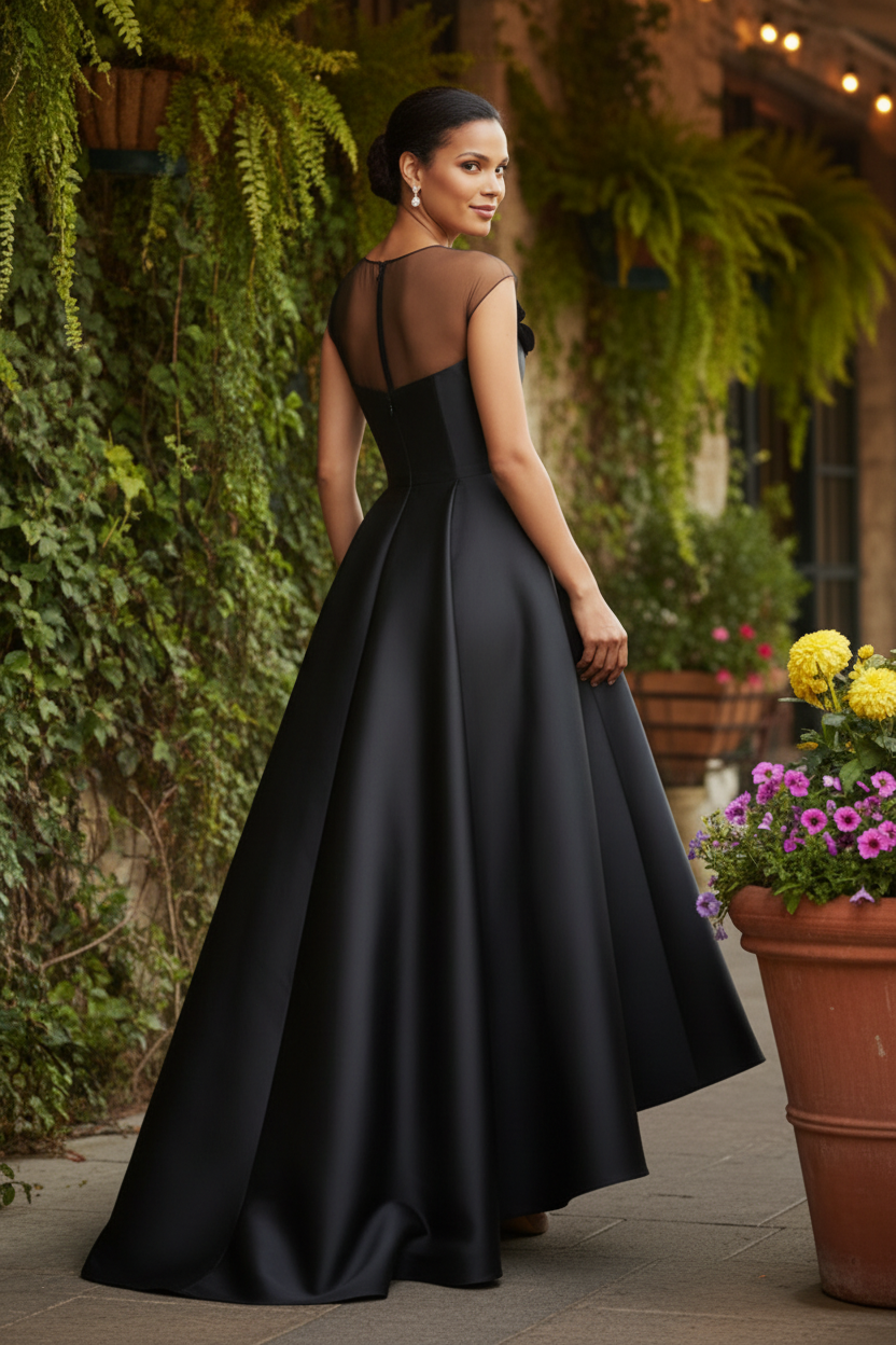 Illusion Neckline High-Low Satin Evening Gown