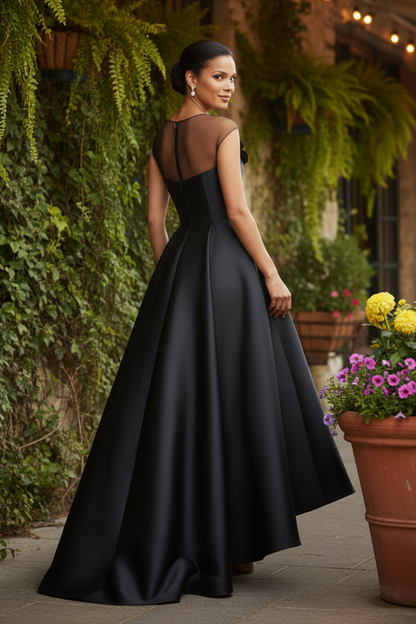 Illusion Neckline High-Low Satin Evening Gown