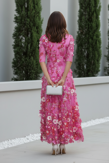 3D Floral Embroidered A-Line Midi Dress