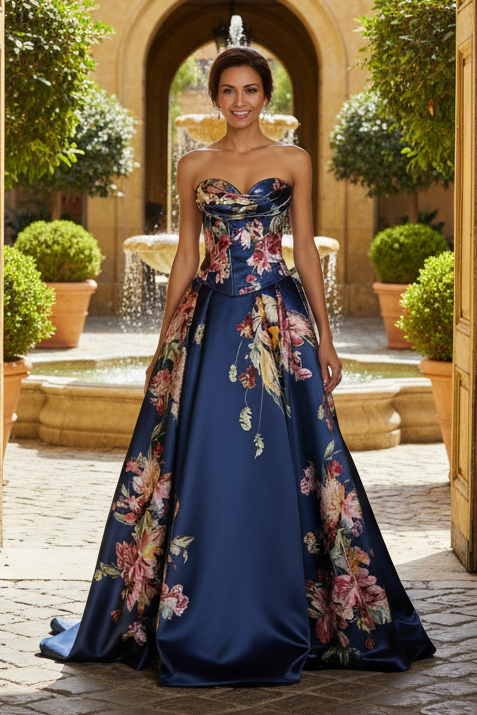 Strapless Floral Print Satin A-Line Gown