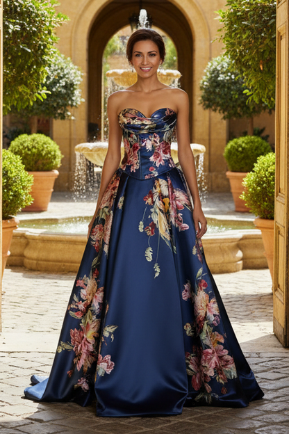 Strapless Floral Print Satin A-Line Gown