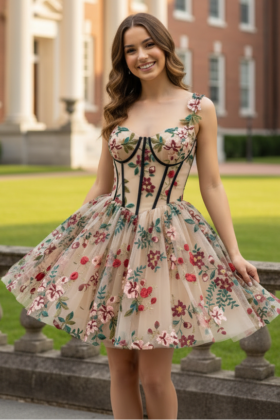 Floral Embroidered Corset Mini Dress with Tulle Skirt