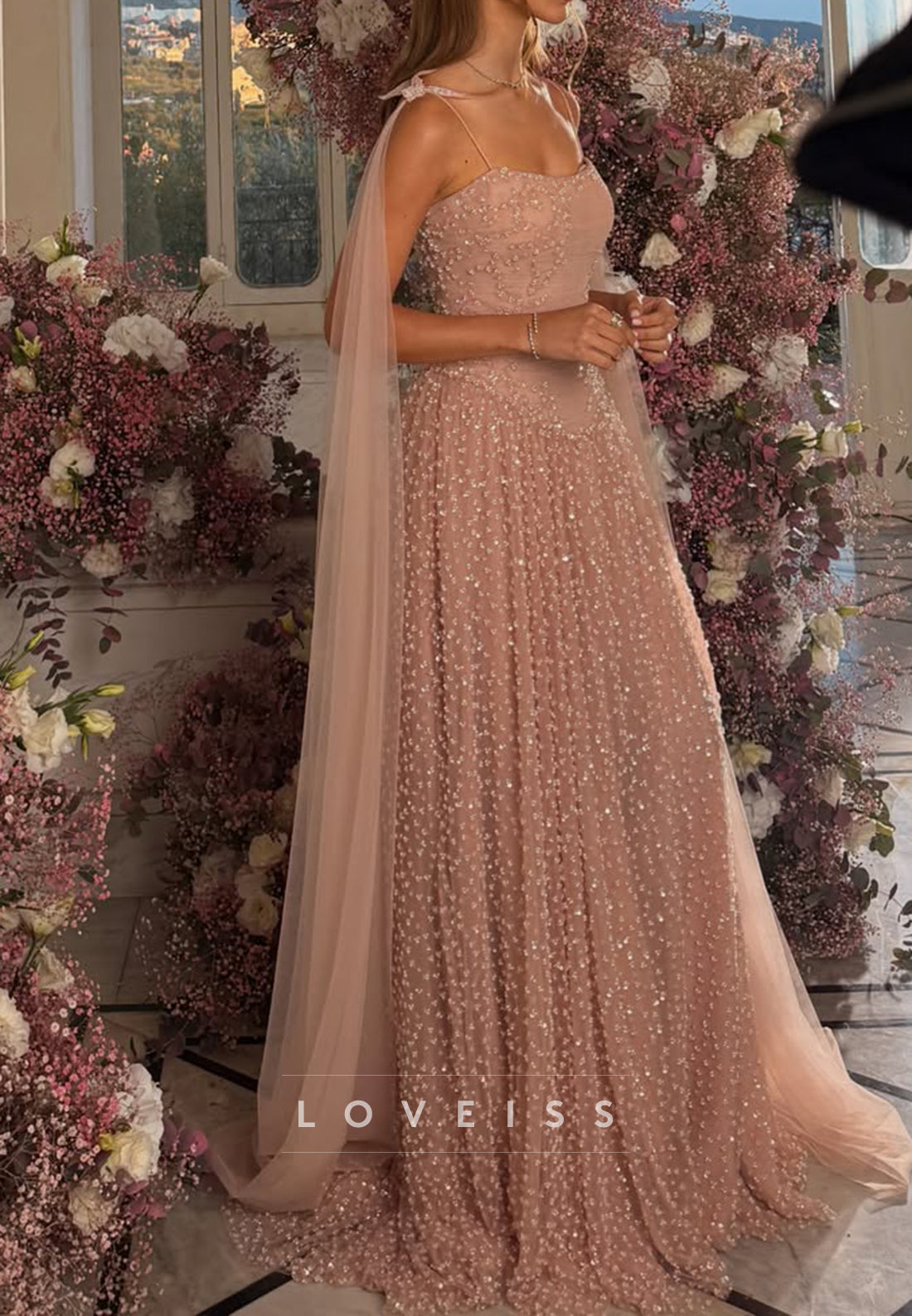 Sequined Basques-Waist Gown with Shoulder Capes