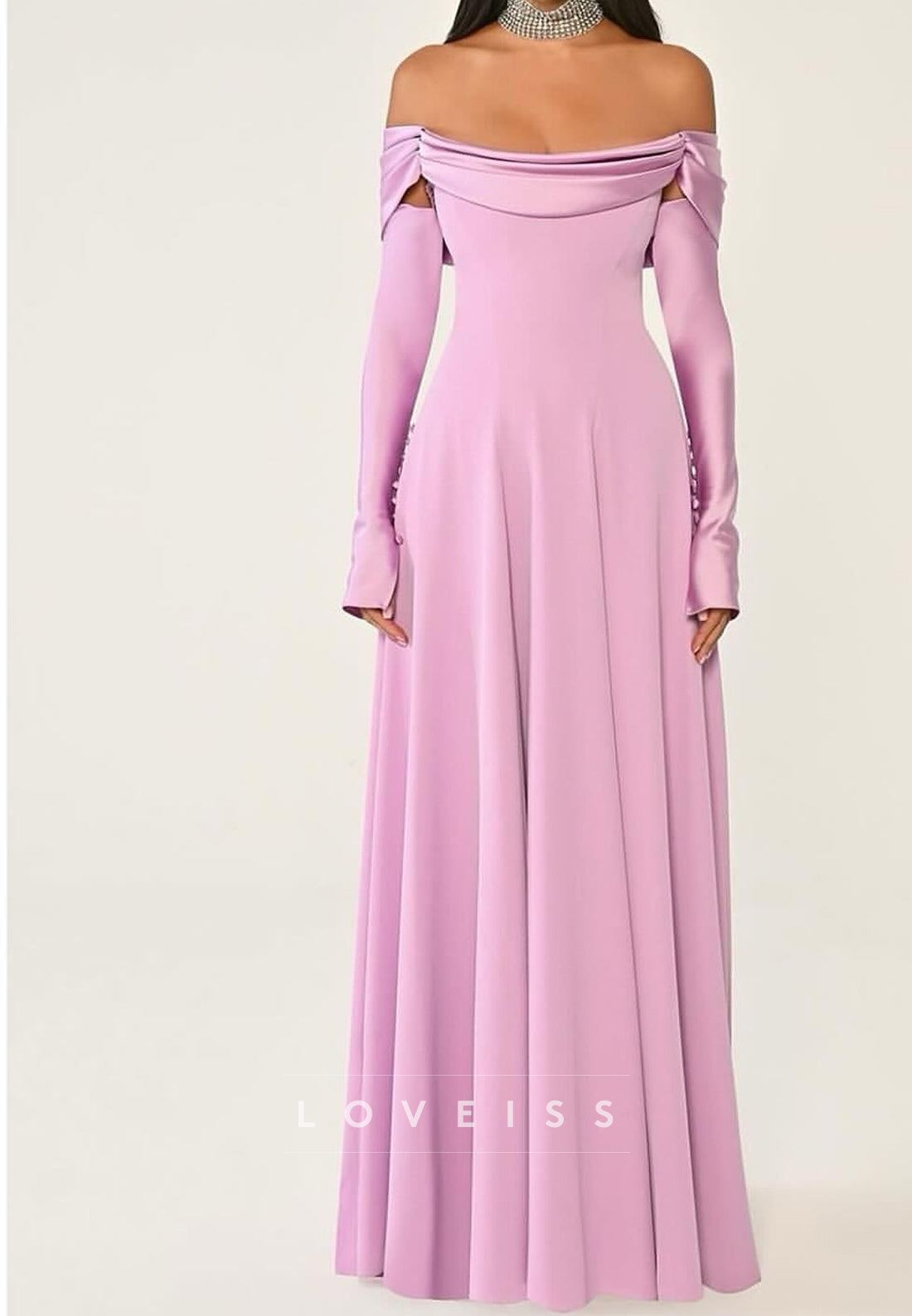 Off-the-Shoulder Long Sleeve Draped Evening Gown