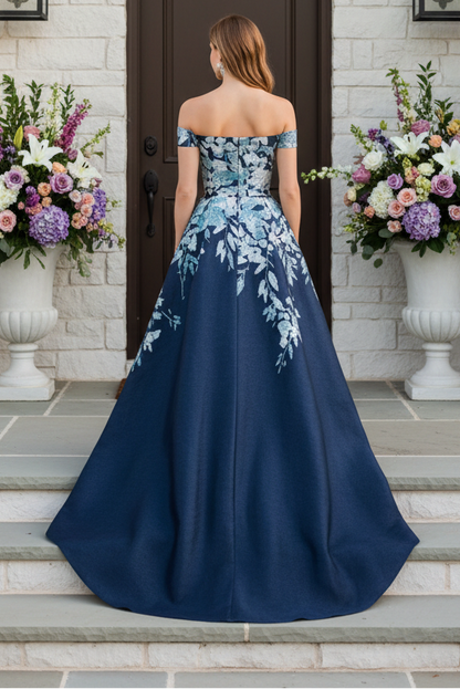 Metallic Floral Off-the-Shoulder A-Line Gown