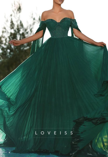 Pleated Off-the-Shoulder Beaded Corset Gown