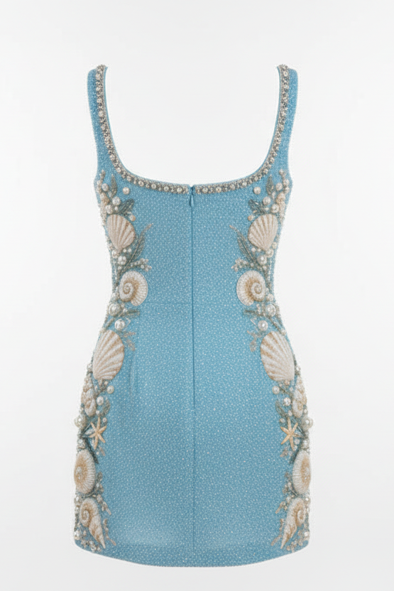 Seashell Embellished Beaded Mini Dress with Slit