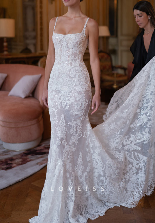 Square Neck Lace Mermaid Bridal Gown with Low Back