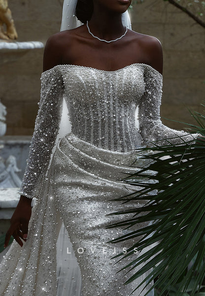 Sequined Off-the-Shoulder Wedding Dress with Train