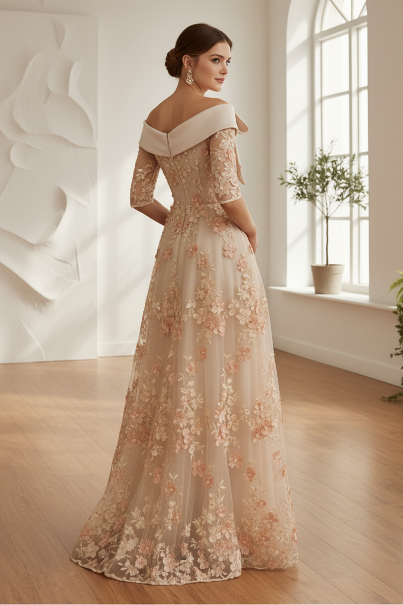 3D Floral A-Line Evening Gown with Pockets