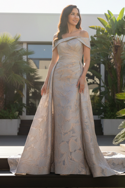 Off-the-Shoulder Jacquard Gown with Overskirt