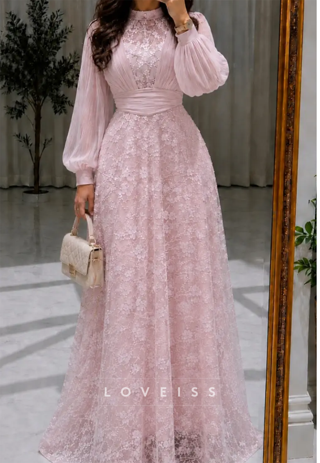 Lace A-Line Gown with Chiffon Bishop Sleeves