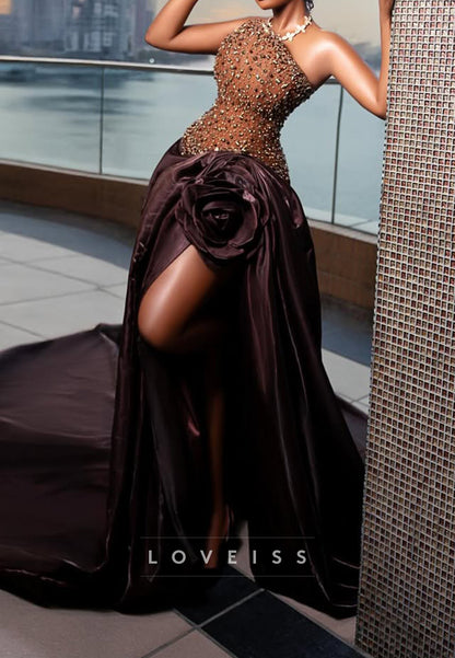 Beaded Halter Gown with High Slit & Rose Waist Detail