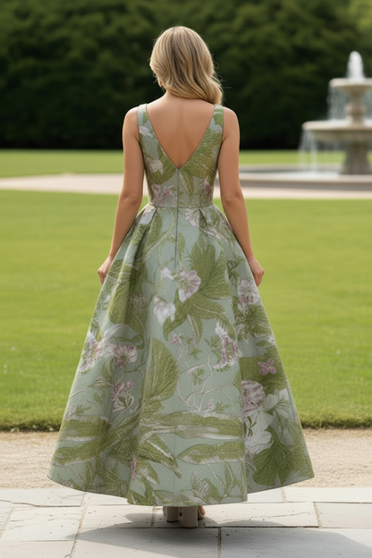 Floral Jacquard V-Neck A-Line Dress with Bow Sash