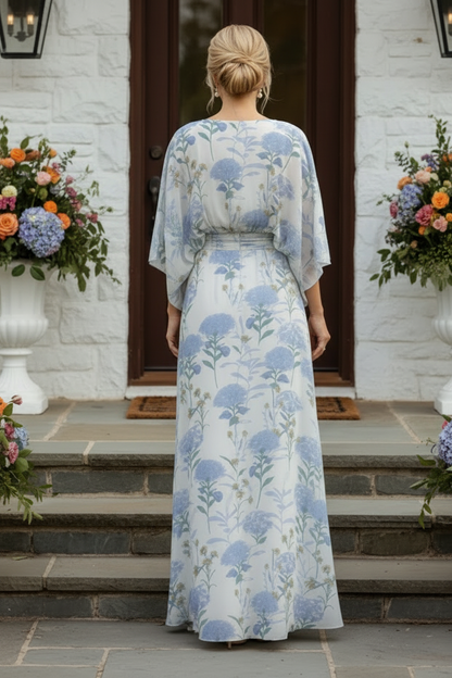 Floral Kimono Sleeve Maxi Dress with Ruched Waist
