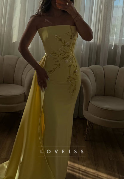 Strapless Beaded Column Gown with Side Drape