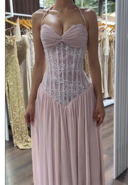 Halter Corset Bodice Pleated Maxi Evening Gown