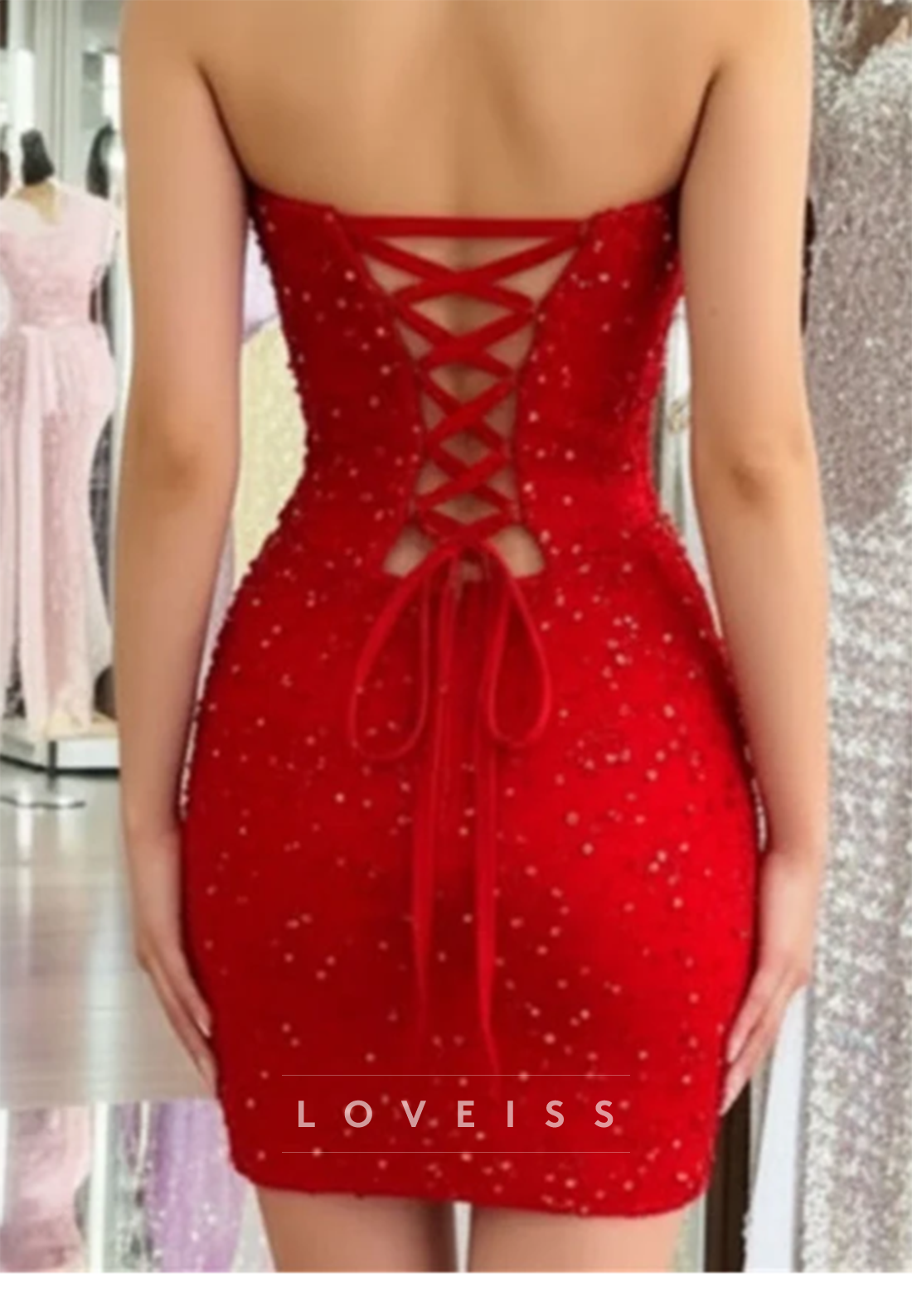 Strapless Beaded Bodycon Mini Dress with Lace-Up Back