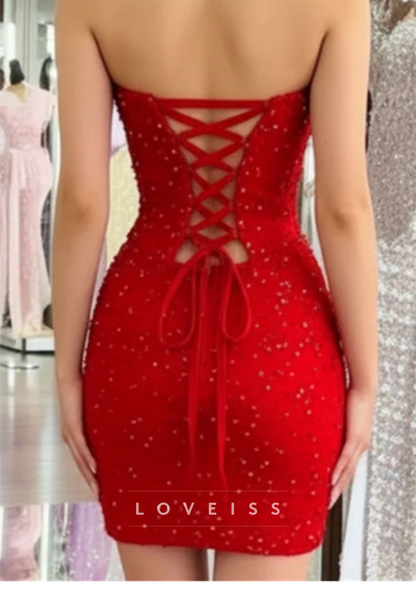 Strapless Beaded Bodycon Mini Dress with Lace-Up Back