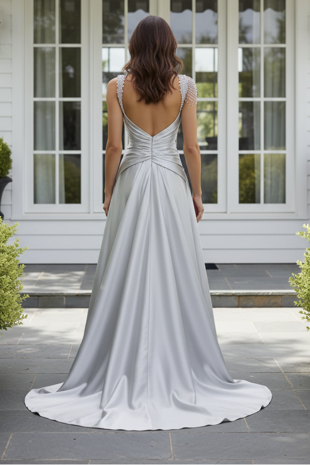 Asymmetrical Satin Gown with Beaded Fringe