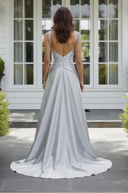 Asymmetrical Satin Gown with Beaded Fringe