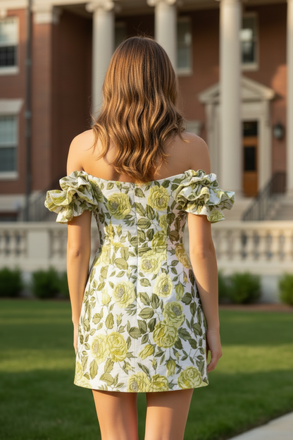 Off-the-Shoulder Floral Jacquard Mini Dress